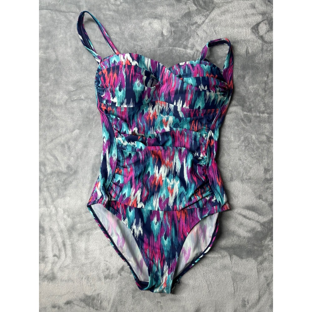 On the Beach Swimsuit Women 10 Multicolor‎ Ikat One Piece Ruched Sweetheart Neck